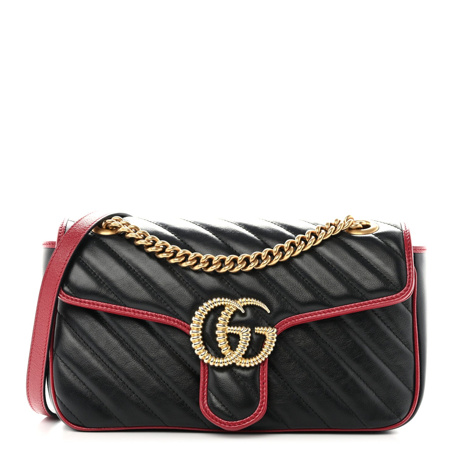 Gucci Vintage Effect Calfskin Matelasse Diagonal Small Torchon GG Marmont Shoulder Bag Black Romantic Cherry 1 of 10