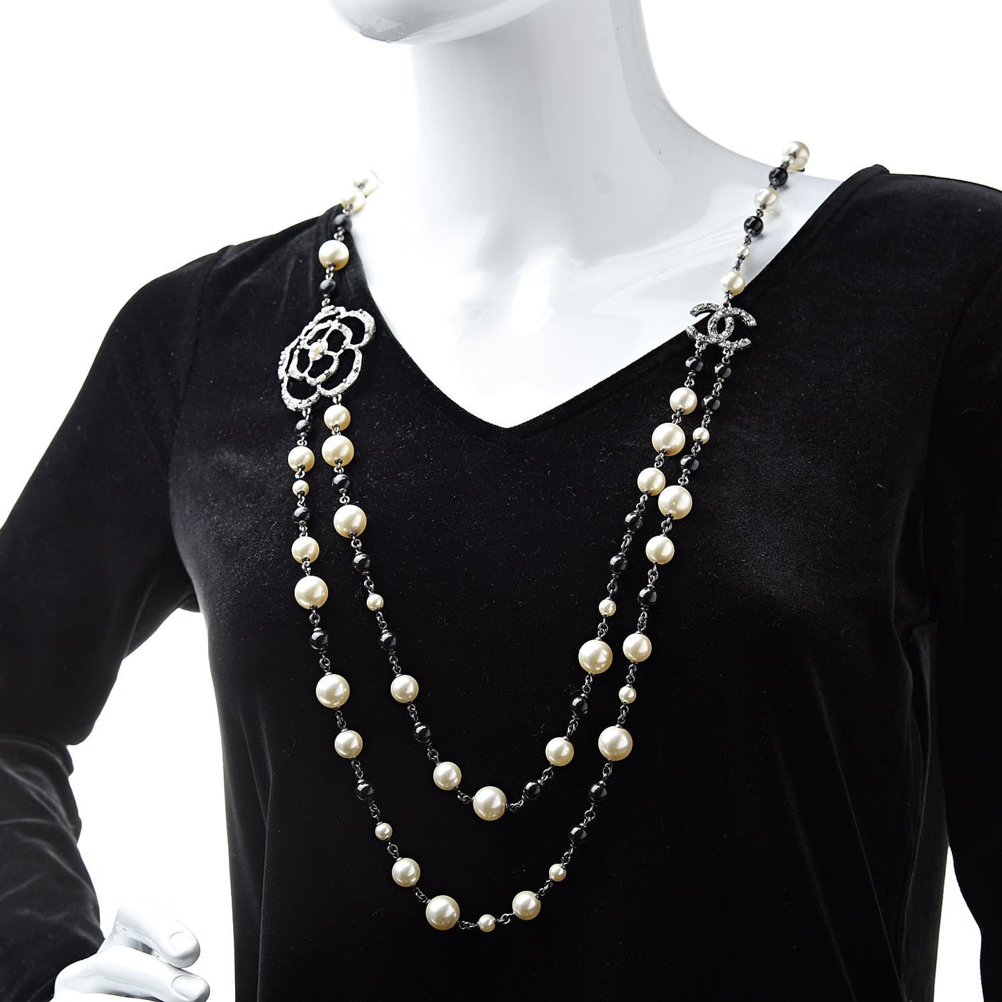 Pearl Crystal Camellia CC Long Necklace Silver