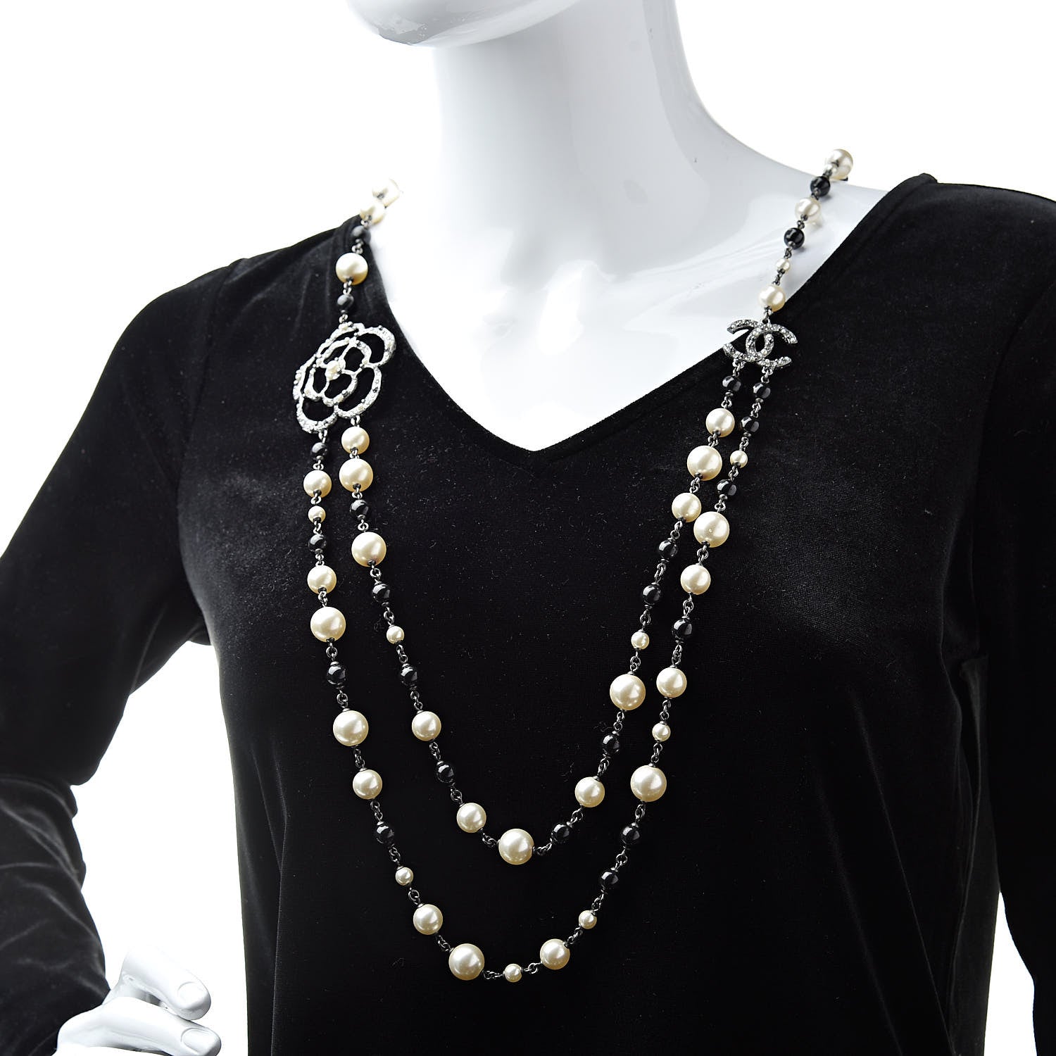 Chanel Pearl Crystal Camellia CC Long Necklace Silver 2 of 7