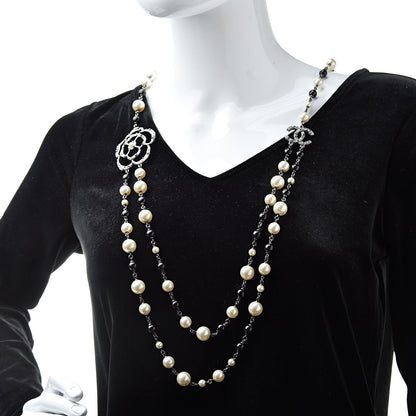 Chanel Pearl Crystal Camellia CC Long Necklace Silver 2 of 7