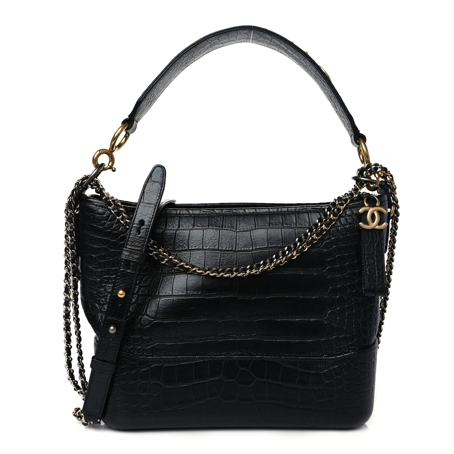 Crocodile Embossed Calfskin Medium Gabrielle Cocodile Hobo Black