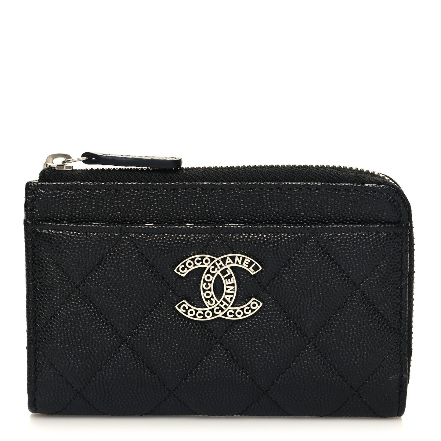 Caviar Quilted CC Logo Zip Around Card Holder Black