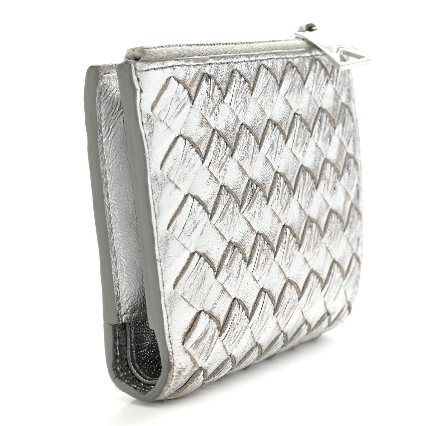 Metallic Nappa Intrecciato Small Bi-Fold Zip Wallet Silver