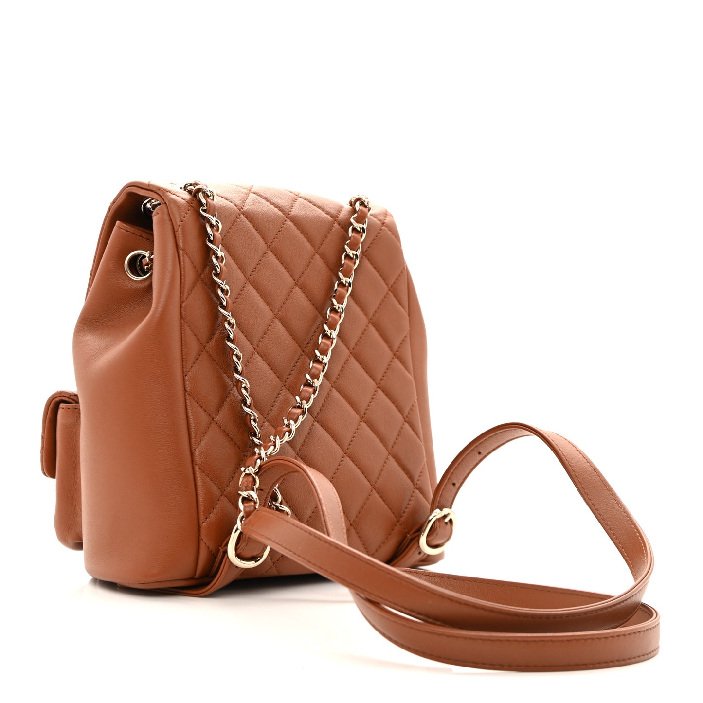 Calfskin Quilted Medium Duma Pockets Drawstring Backpack Light Brown