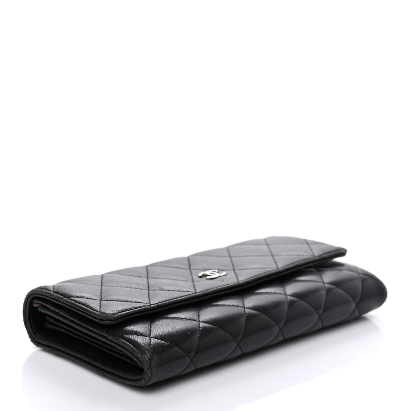 Lambskin Quilted Large Gusset Flap Wallet Black