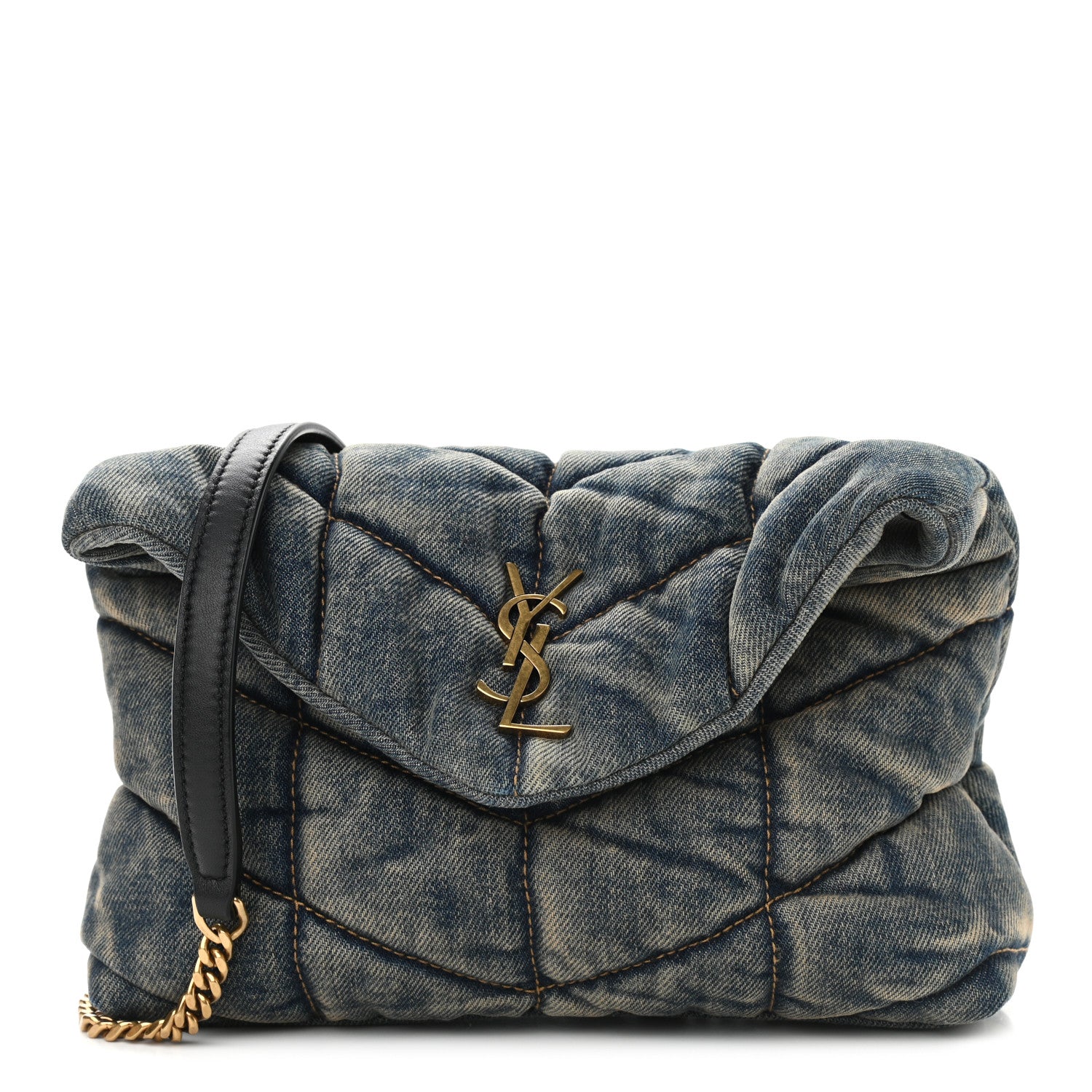 Saint Laurent Denim Quilted Toy Loulou Puffer Monogram Chain Satchel Blue Black 1 of 9