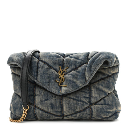 Saint Laurent Denim Quilted Toy Loulou Puffer Monogram Chain Satchel Blue Black 1 of 9