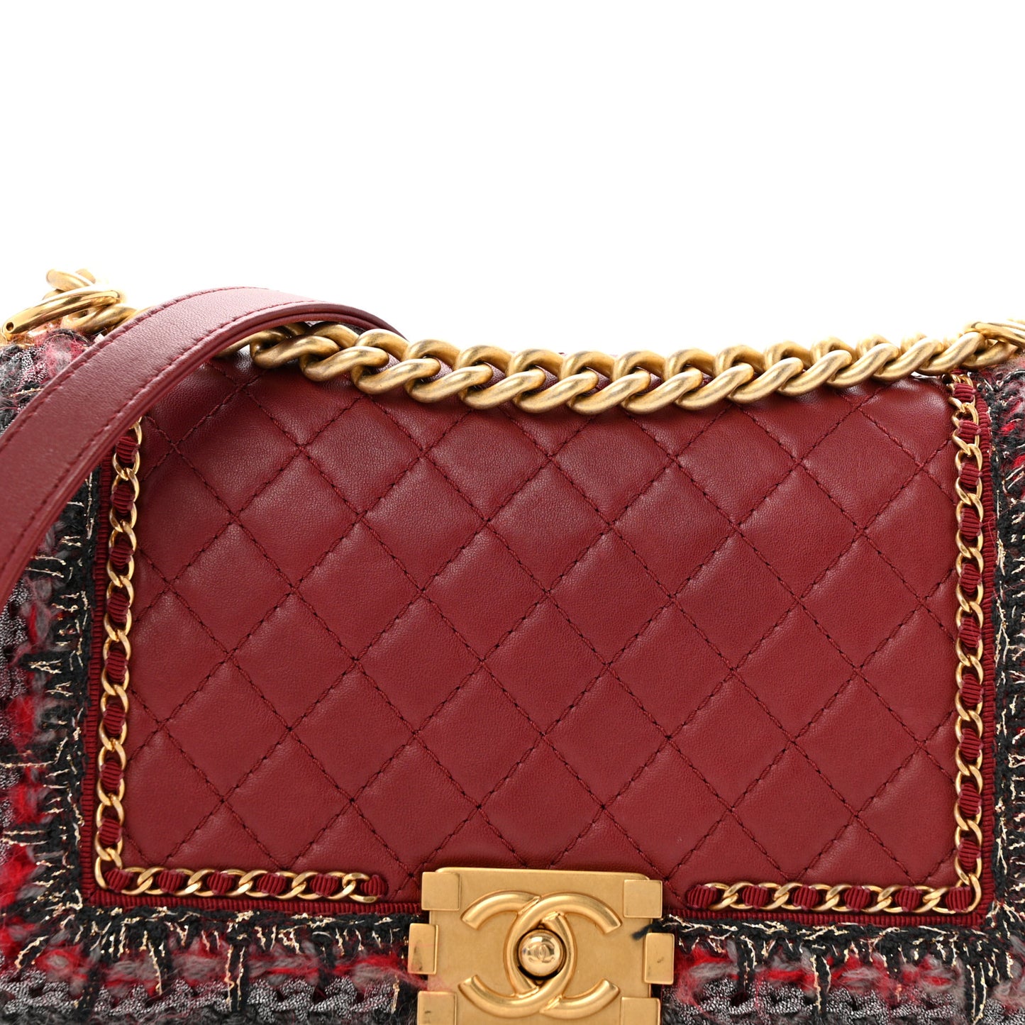 Tweed Lambskin Quilted Medium Braided Jacket Boy Flap Dark Red Grey