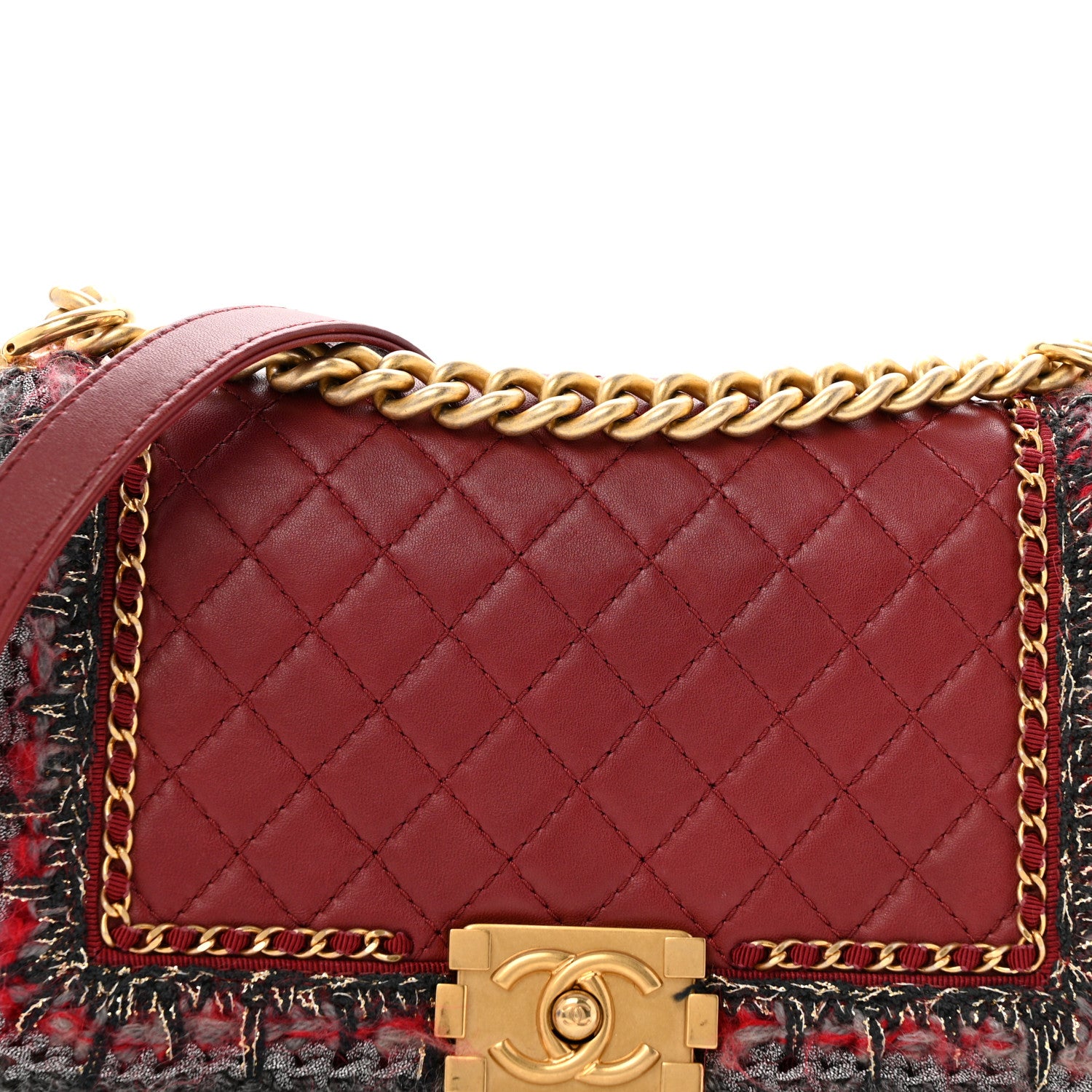 Chanel Tweed Lambskin Quilted Medium Braided Jacket Boy Flap Dark Red Grey 8 of 13