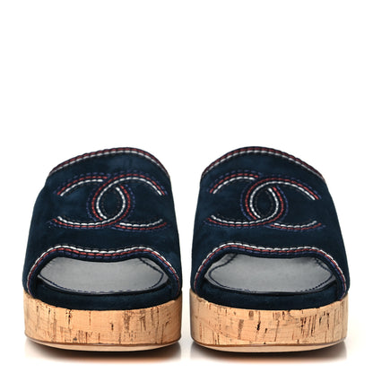 Chanel Suede Calfskin Cork CC Wedge Sandal 39.5 Navy Blue 3 of 10