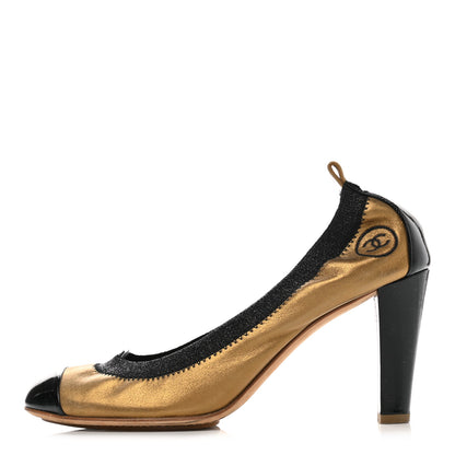 Chanel Metallic Lambskin Patent CC Elastic Stretch Pumps 41 Gold Black 1 of 9