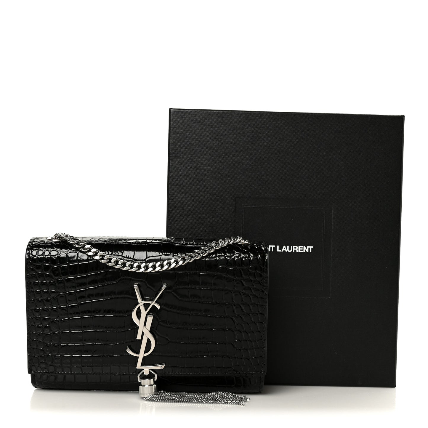 Calfskin Crocodile Embossed Small Classic Monogram Kate Tassel Satchel Black
