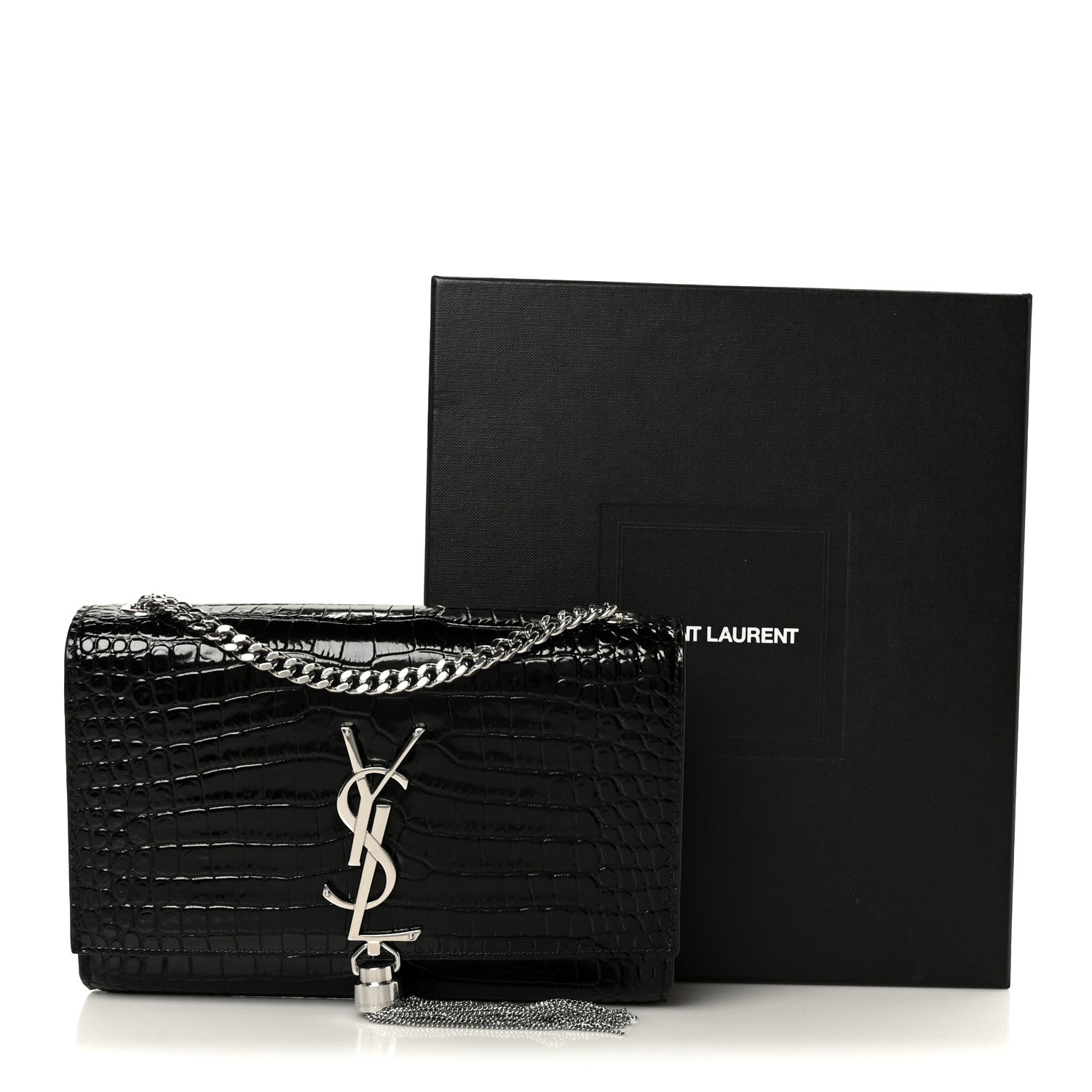 Saint Laurent Calfskin Crocodile Embossed Small Classic Monogram Kate Tassel Satchel Black 12 of 12