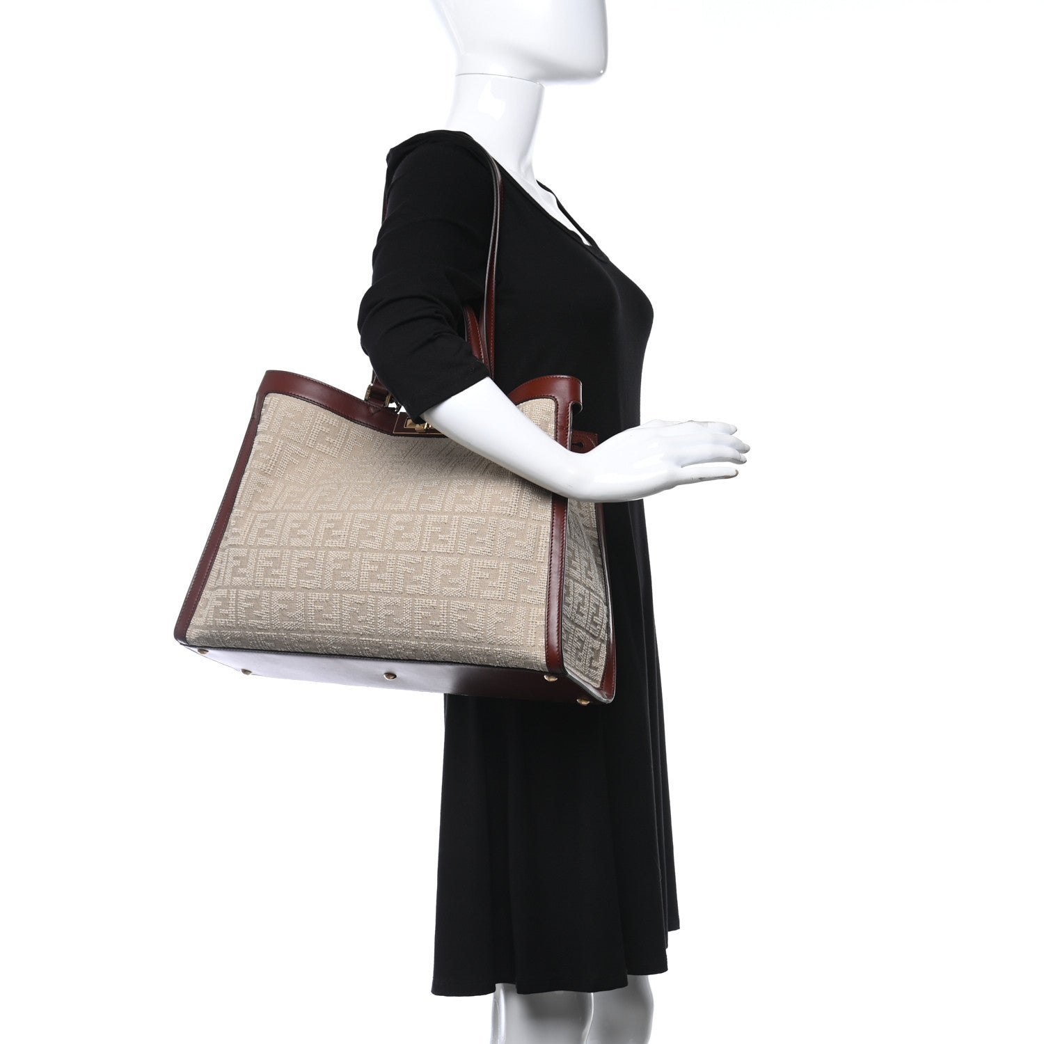 Fendi Sardinian Jacquard Vitello King FF 1974 Embroidered Medium Peekaboo X-Tote Corda Praline 2 of 9