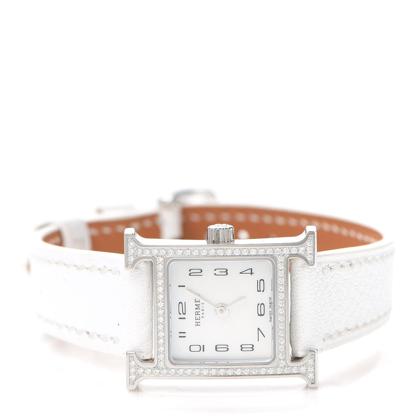 Stainless Steel Epsom Diamond Bezel Mother of Pearl 17.2mm Heure H Hour Quartz Watch Blanc