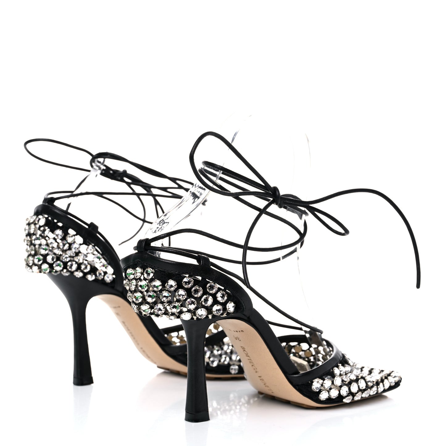 Mesh Nappa Crystal Embellished Sparkle Stretch Ankle Tie Sandals 36 Black