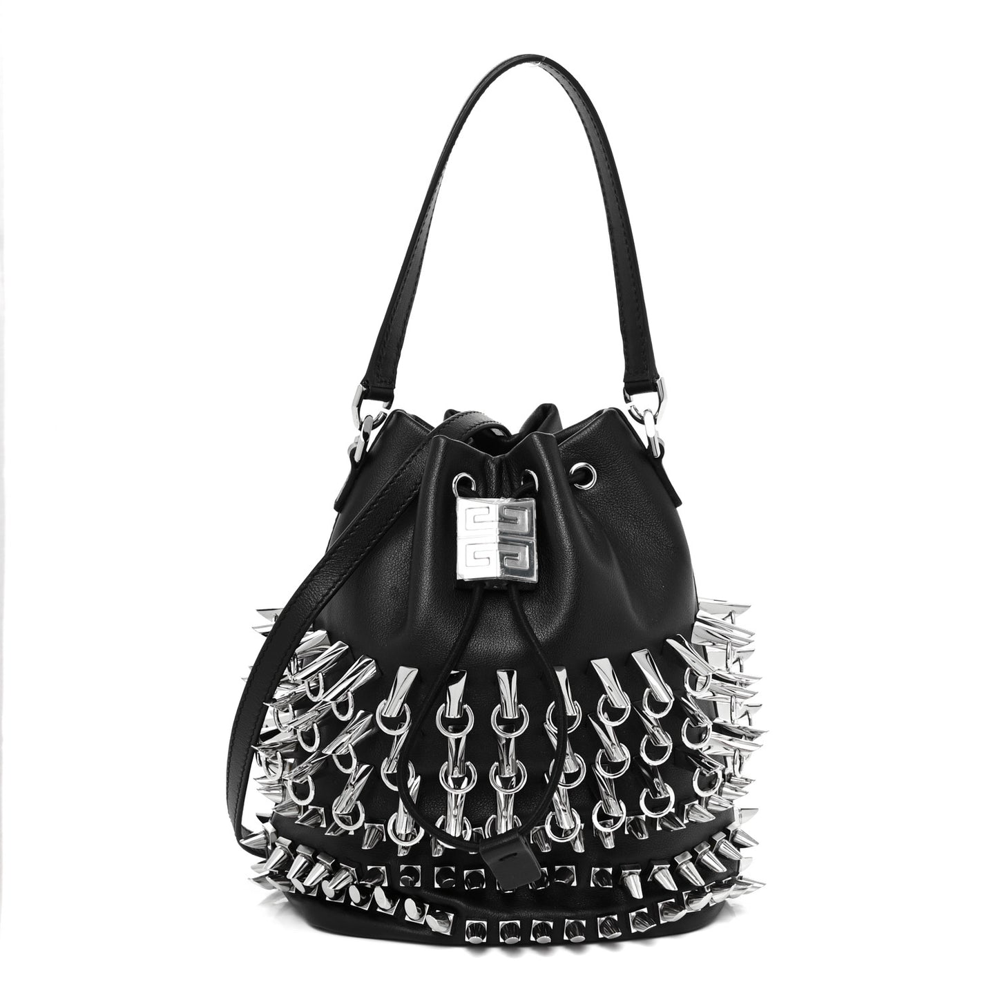 Calfskin Spiked Drawstring Bucket Bag Black