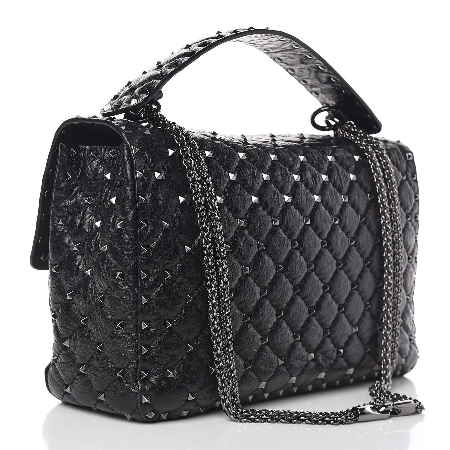 Craquele Nappa Large Rockstud Spike Shoulder Bag Black