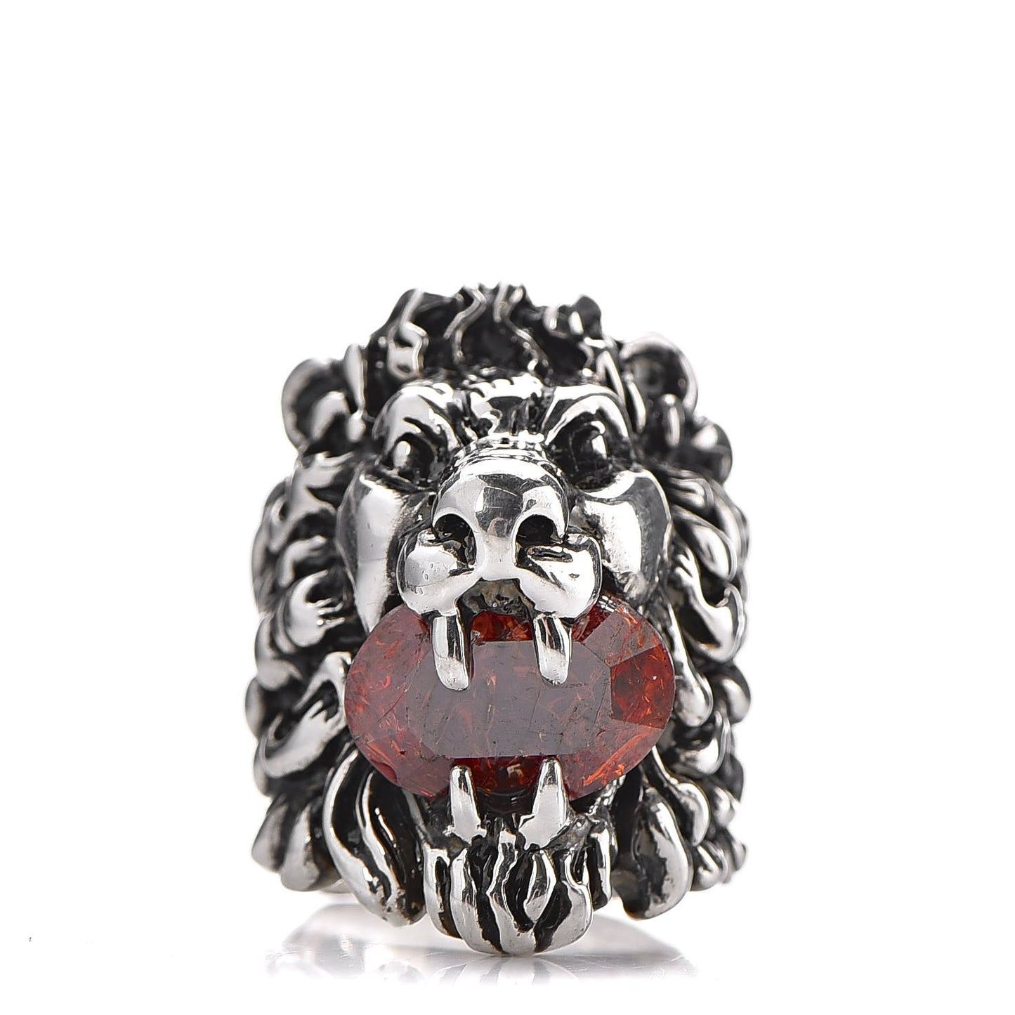 Metal Crystal Lion Head Ring 8.5 Red Aged Silver