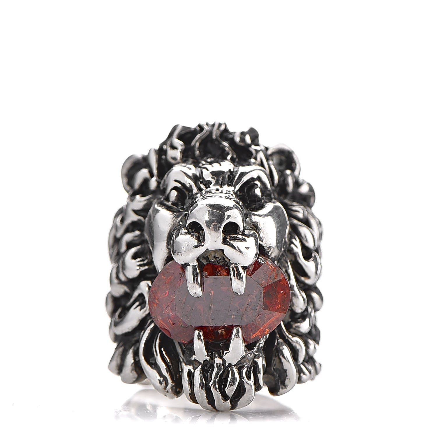 Gucci Metal Crystal Lion Head Ring 8.5 Red Aged Silver 1 of 7