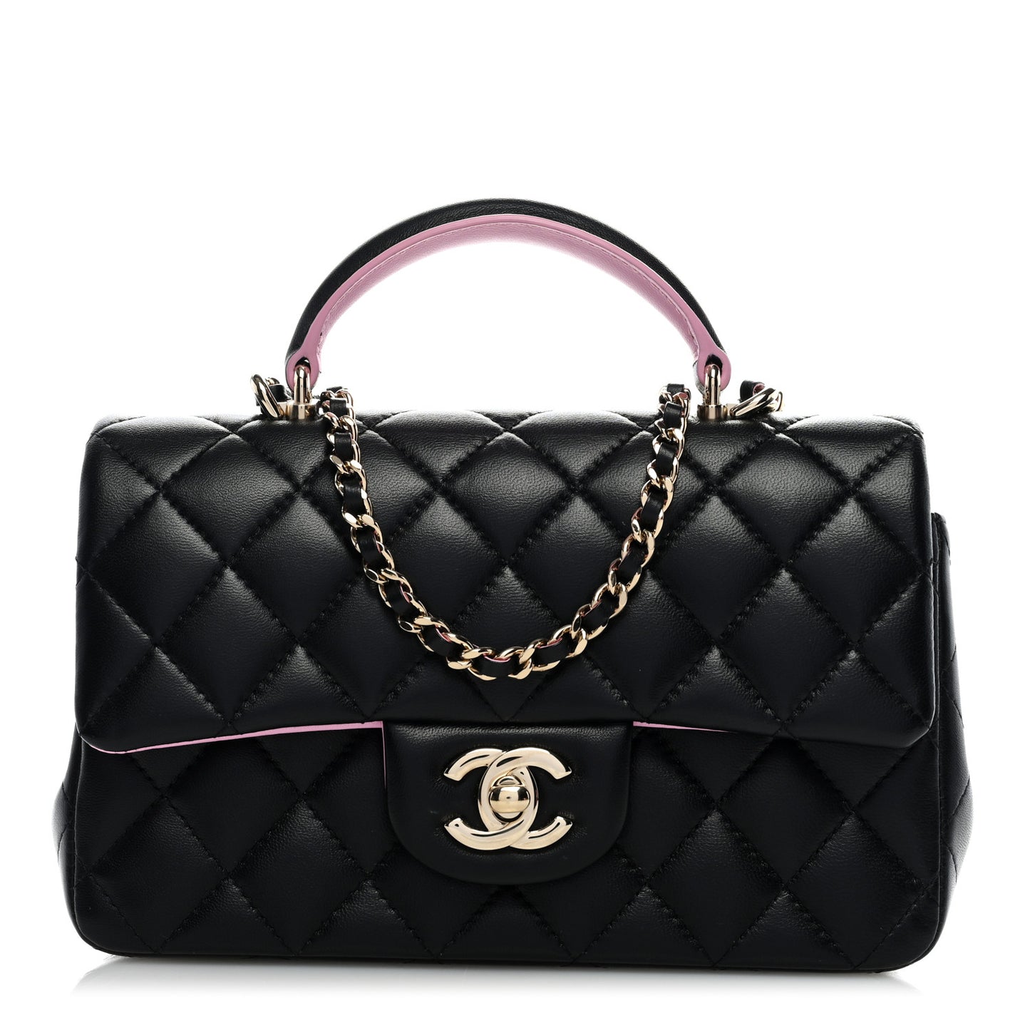 Lambskin Quilted Bi-Color Mini Top Handle Rectangular Flap Black Lilac