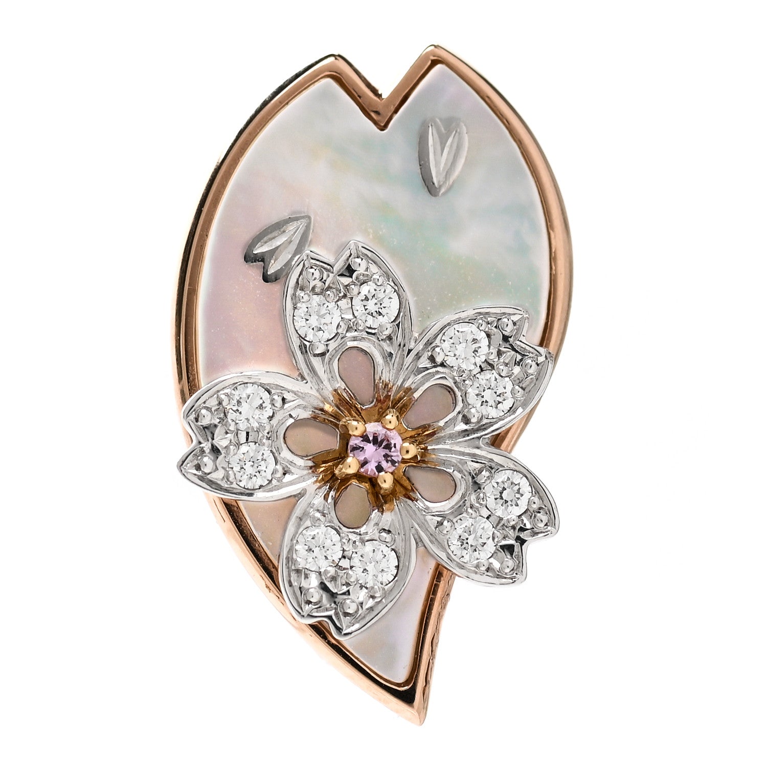 Mikimoto 18K Rose Gold Diamond Pink Sapphire Mother of Pearl Sakura Brooch 1 of 6