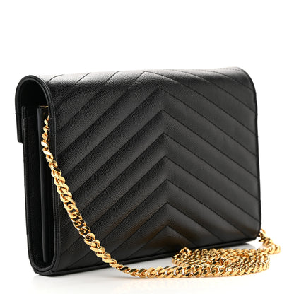 Saint Laurent Grain De Poudre Matelasse Chevron Monogram Chain Wallet Black 3 of 15