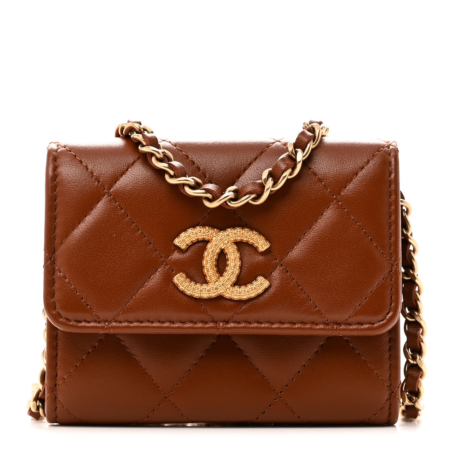 Lambskin Quilted Studded CC Clutch With Chain Brown