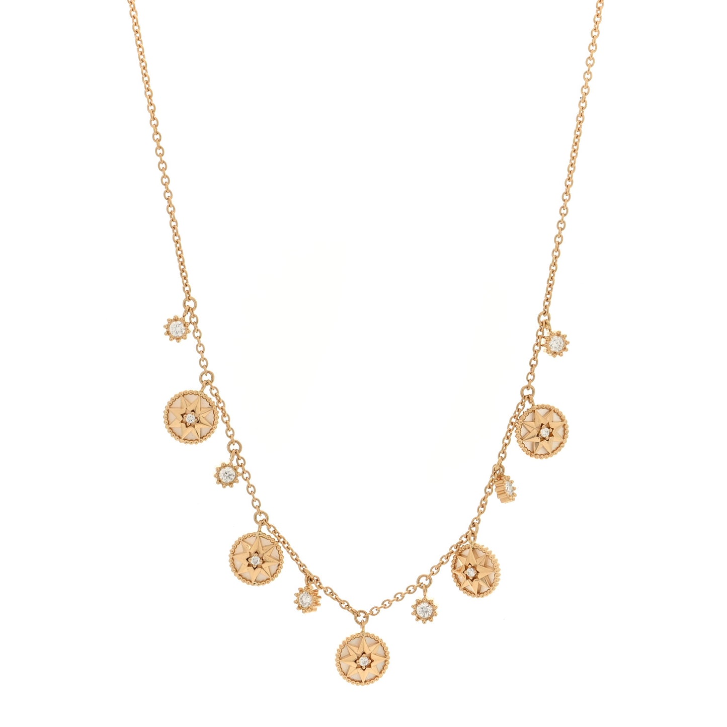 18K Yellow Gold Diamond Mother of Pearl Rose Des Vents 5-Station Necklace
