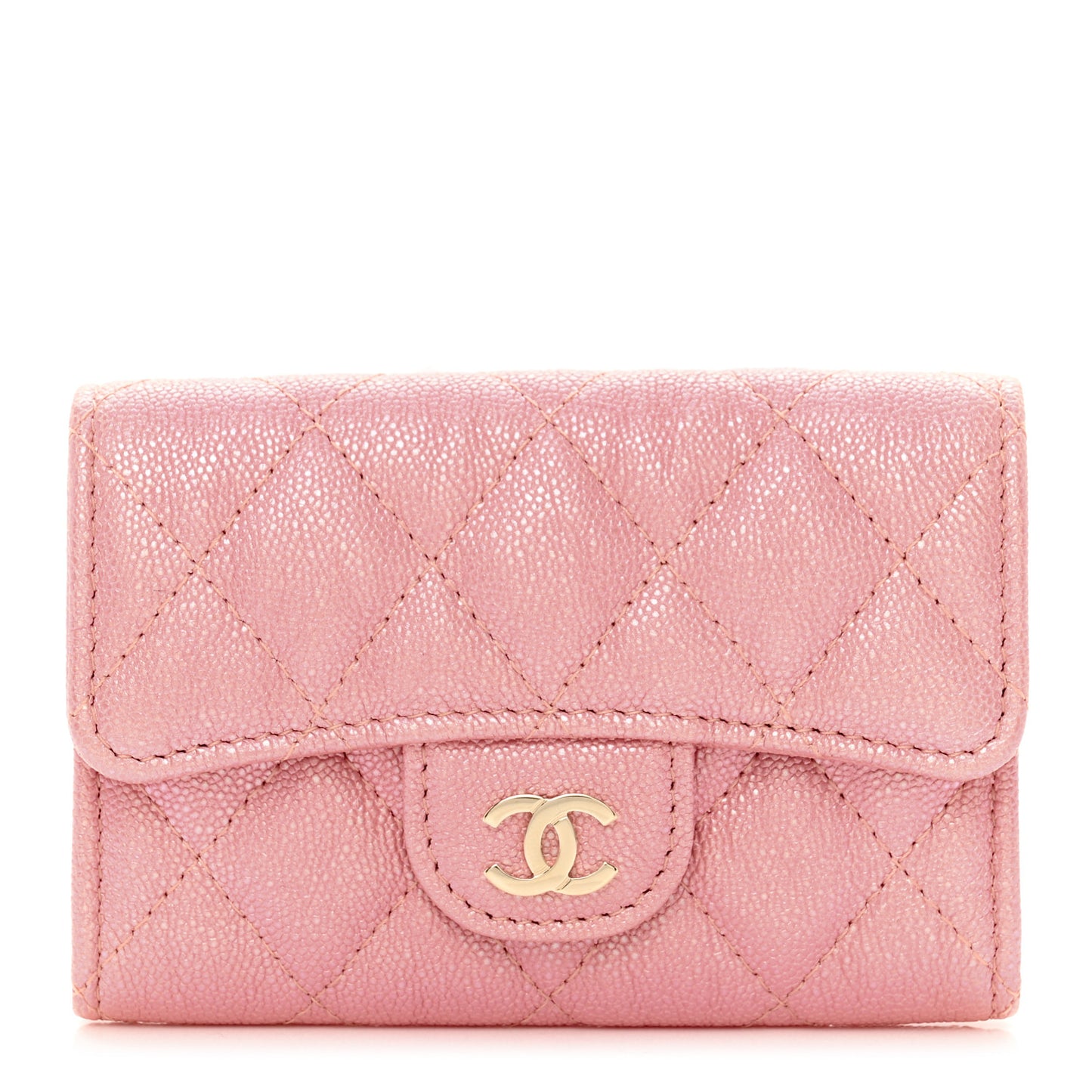 Iridescent Caviar Quilted Flap Card Holder Rose Pink