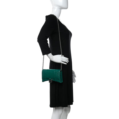 Balenciaga Shiny Calfskin Crocodile Embossed Hourglass Chain Bag Green 2 of 9