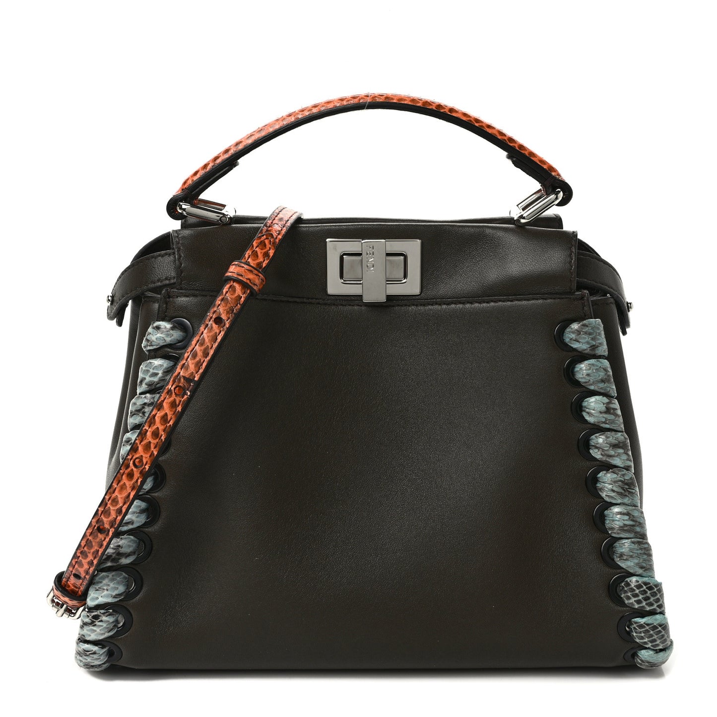 Calfskin Elaphe Lace Up Selleria Mini Peekaboo Iconic Satchel Verde Prato Arancio