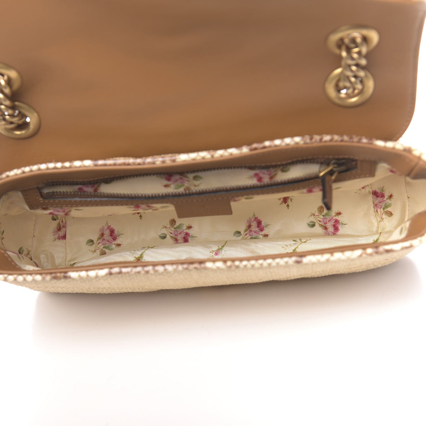 Raffia Elaphe Matelasse Small GG Marmont Shoulder Bag Natural Cream Brown