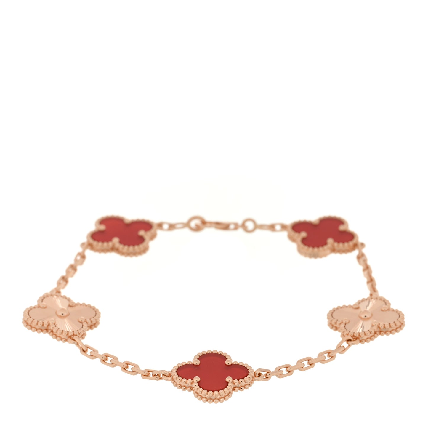 18K Rose Gold Carnelian 5 Motifs Guilloche Vintage Alhambra Bracelet