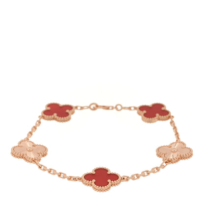 Van Cleef & Arpels 18K Rose Gold Carnelian 5 Motifs Guilloche Vintage Alhambra Bracelet 1 of 3