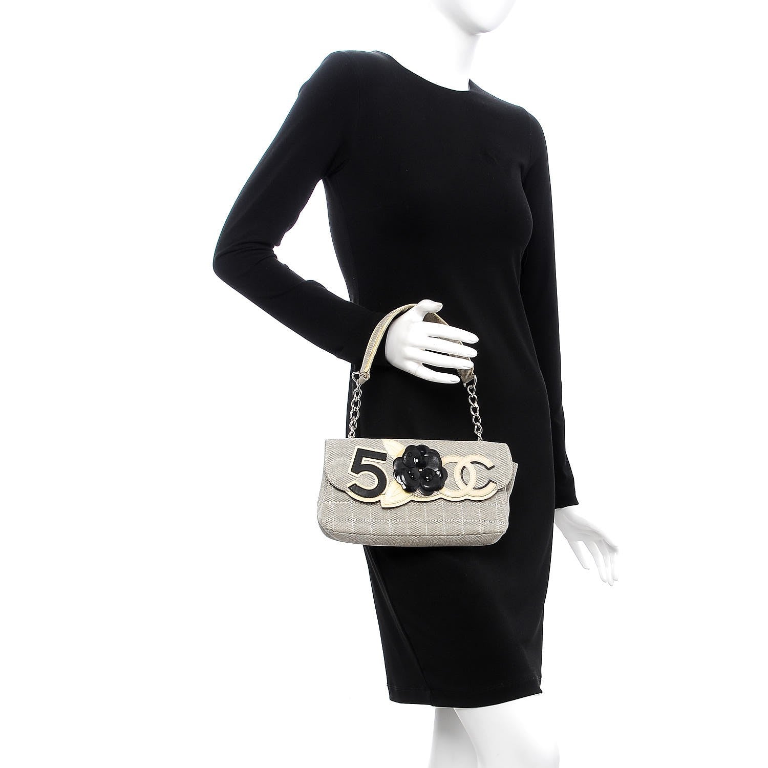 Chanel Canvas Camellia No. 5 Flap Beige Black 2 of 7
