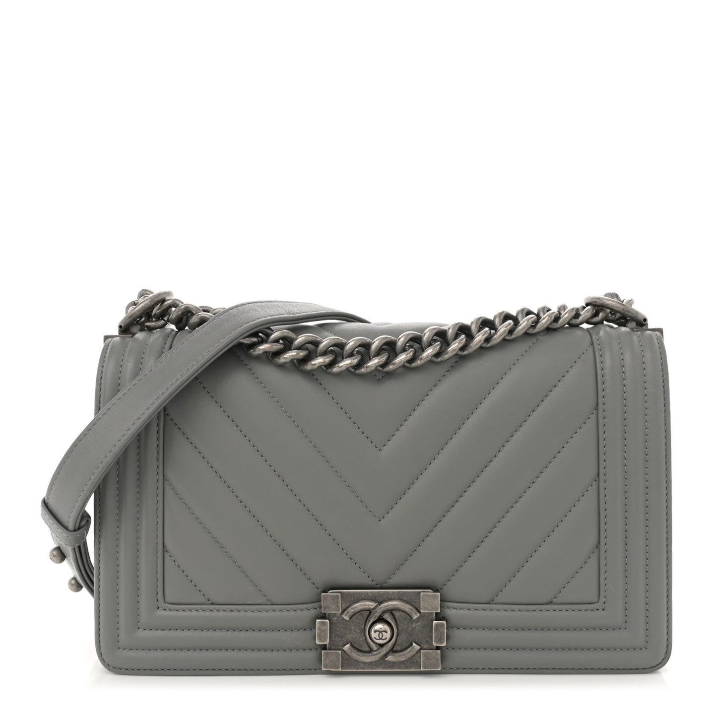 Calfskin Chevron Quilted Medium Boy Flap Grey
