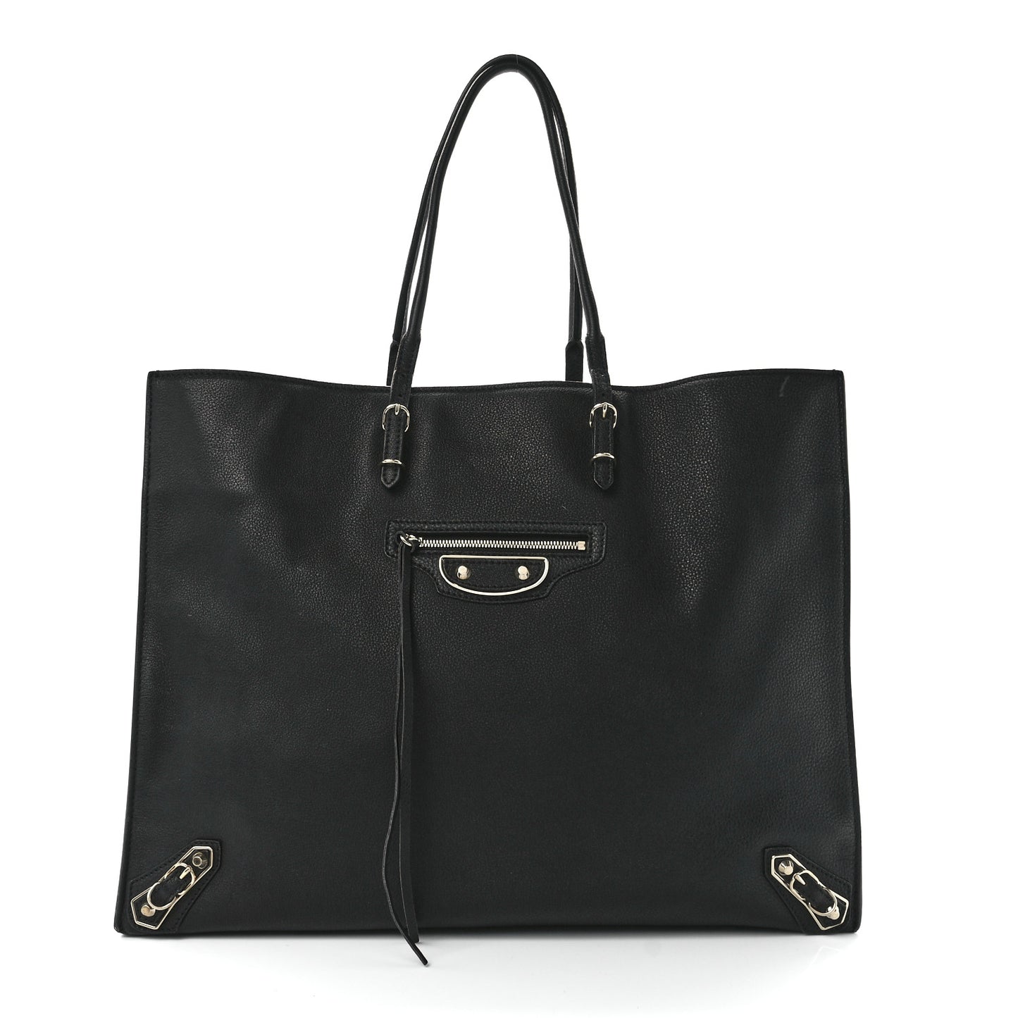 Grained Calfskin Silver Metallic Edge Hardware Papier A4 Tote Black