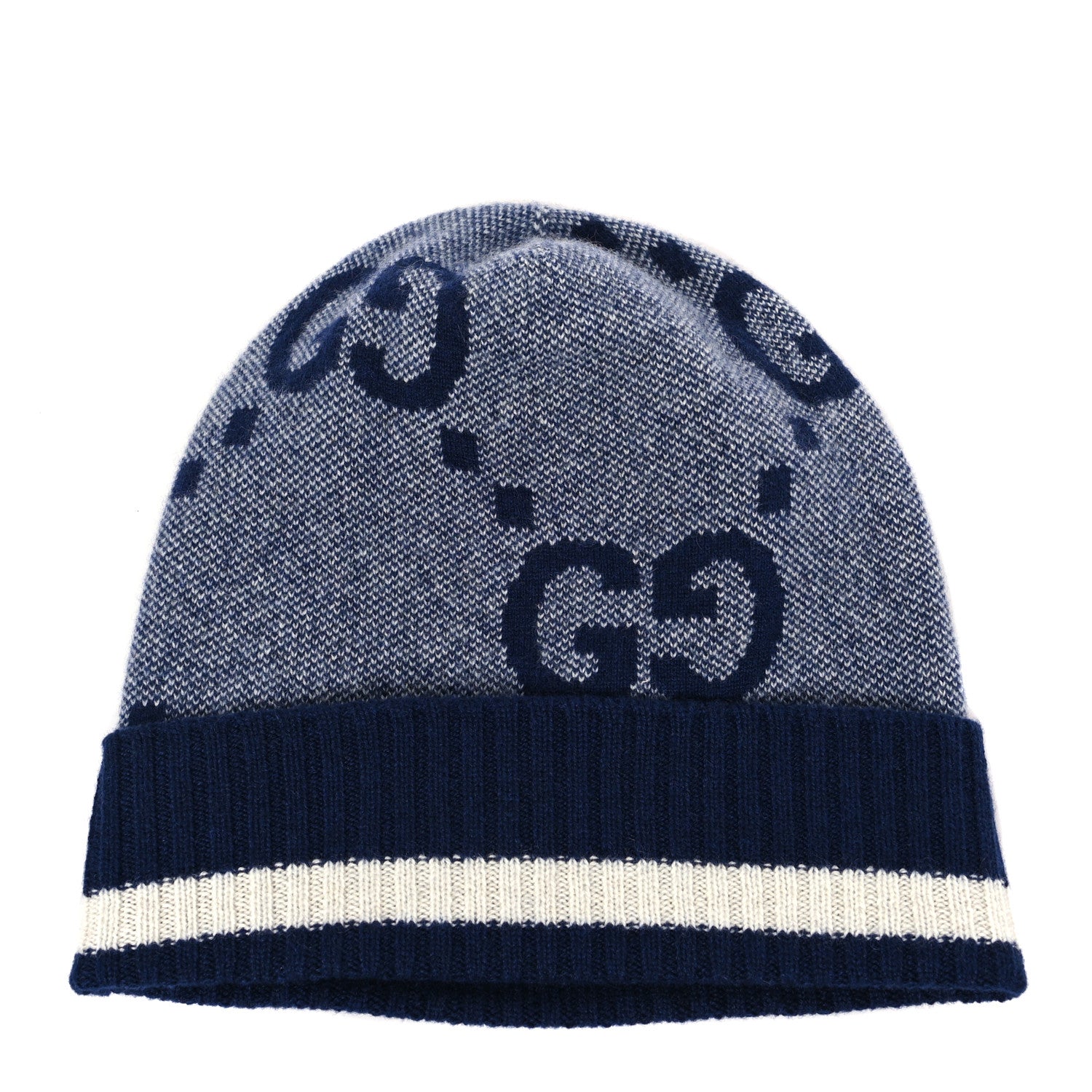 Gucci Cashmere Jacquard Monogram Jumbo GG Canvy Hat Beanie Hat M Blue Ivory 1 of 3