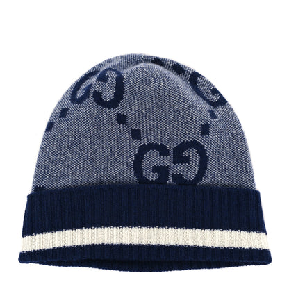 Gucci Cashmere Jacquard Monogram Jumbo GG Canvy Hat Beanie Hat M Blue Ivory 1 of 3