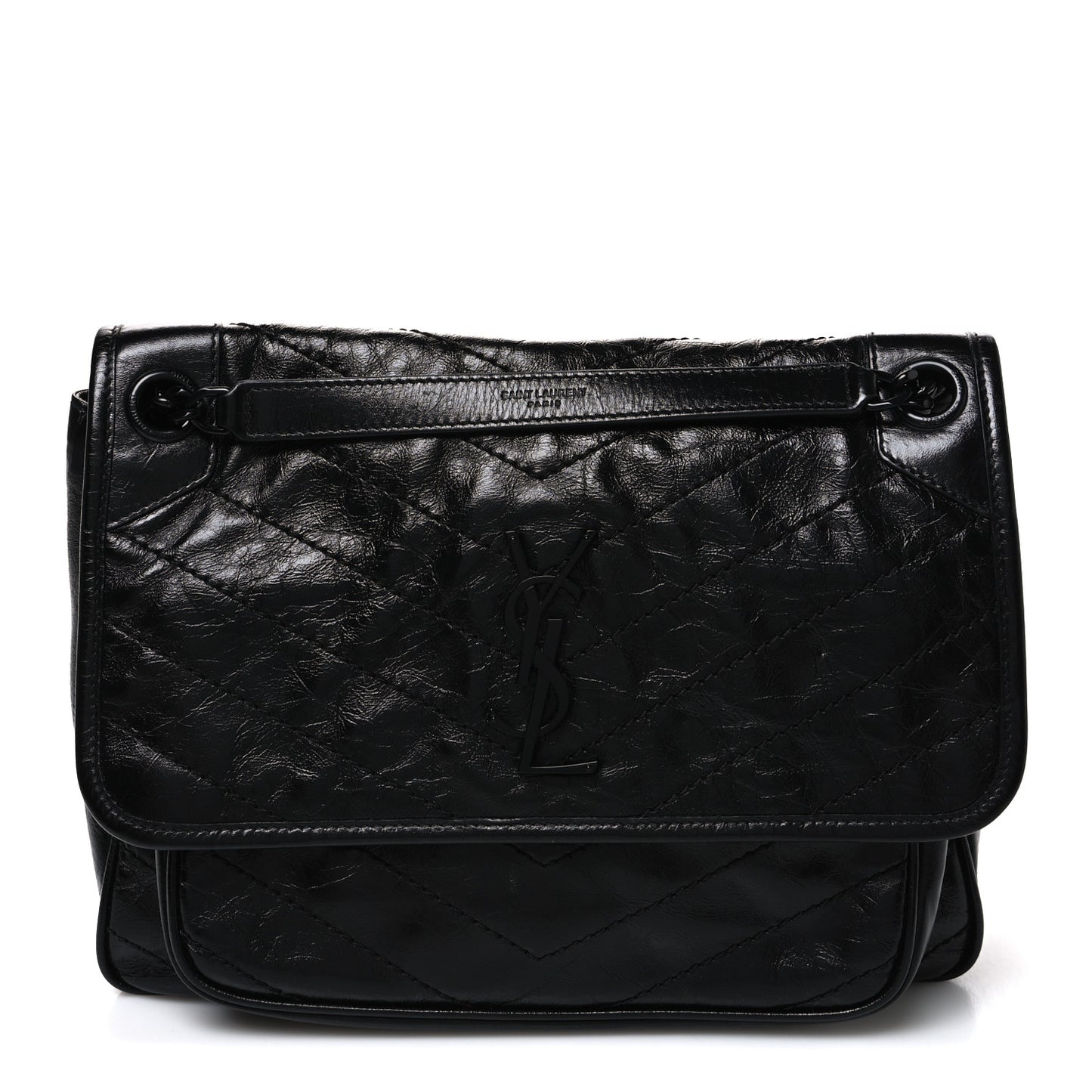Crinkled Calfskin Matelasse Monogram Medium Niki Chain Satchel Black