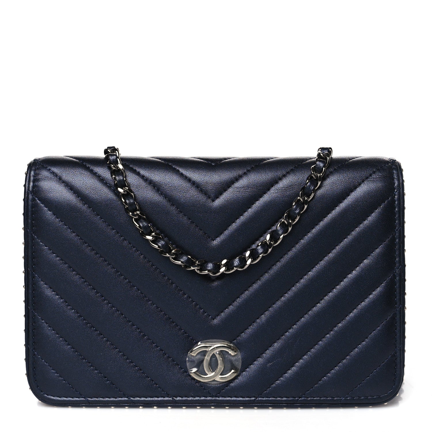 Chanel Lambskin Chevron Quilted Studded Wallet On Chain WOC Navy 1 of 14