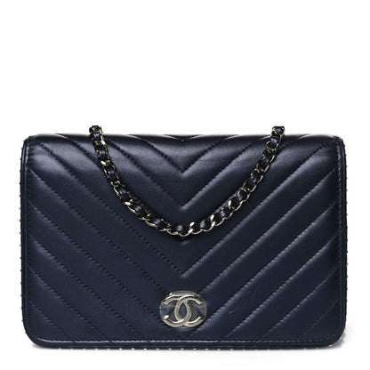 Chanel Lambskin Chevron Quilted Studded Wallet On Chain WOC Navy 1 of 14