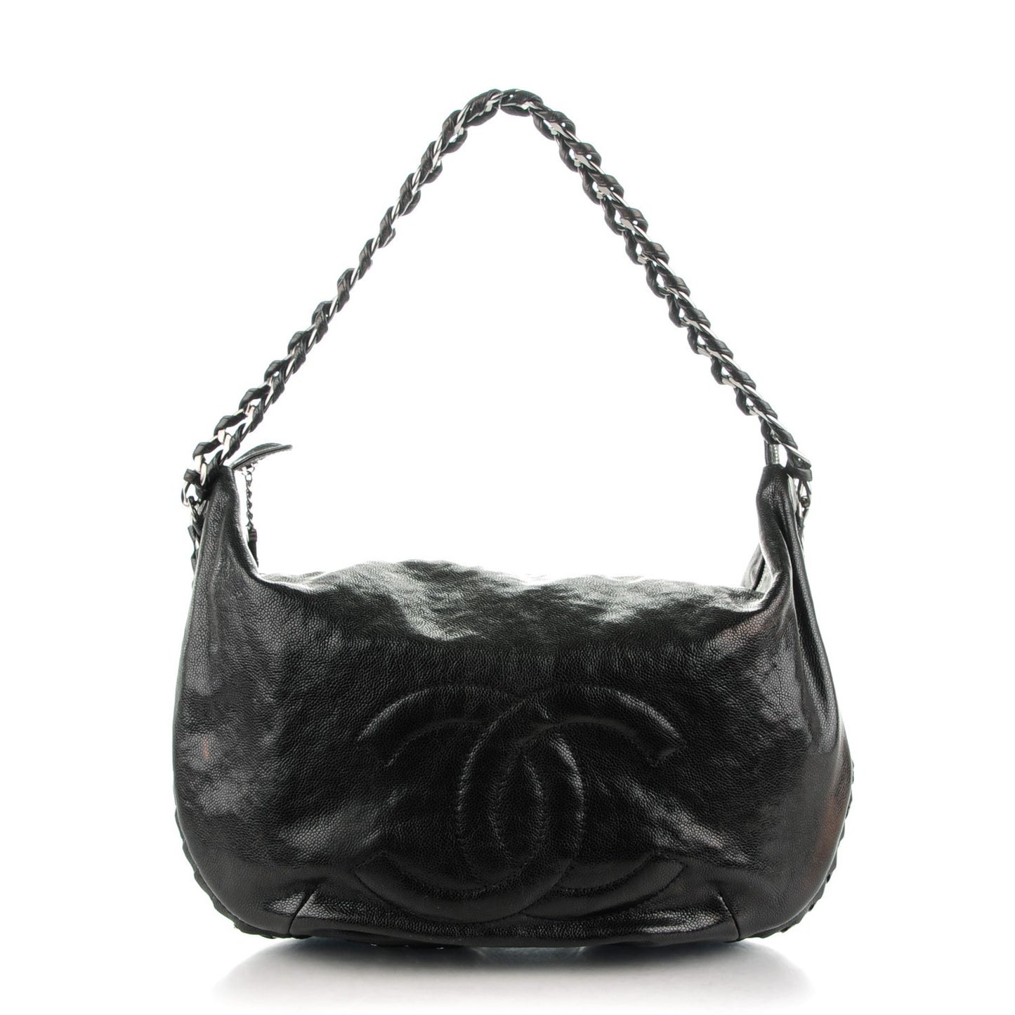 Glazed Caviar Modern Chain Hobo Black