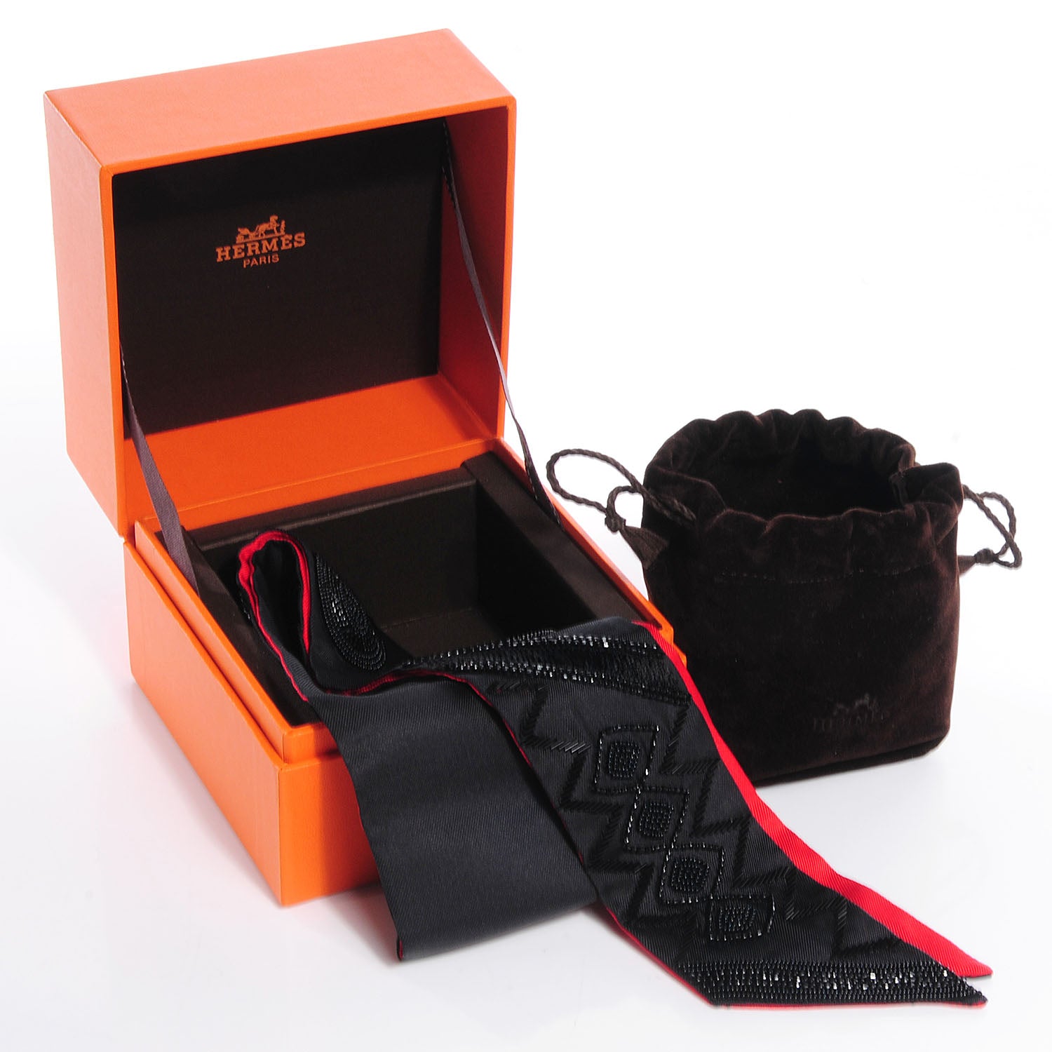 Hermes Silk Beaded Precieux Art Deco Ribbon Twilly Black 4 of 6