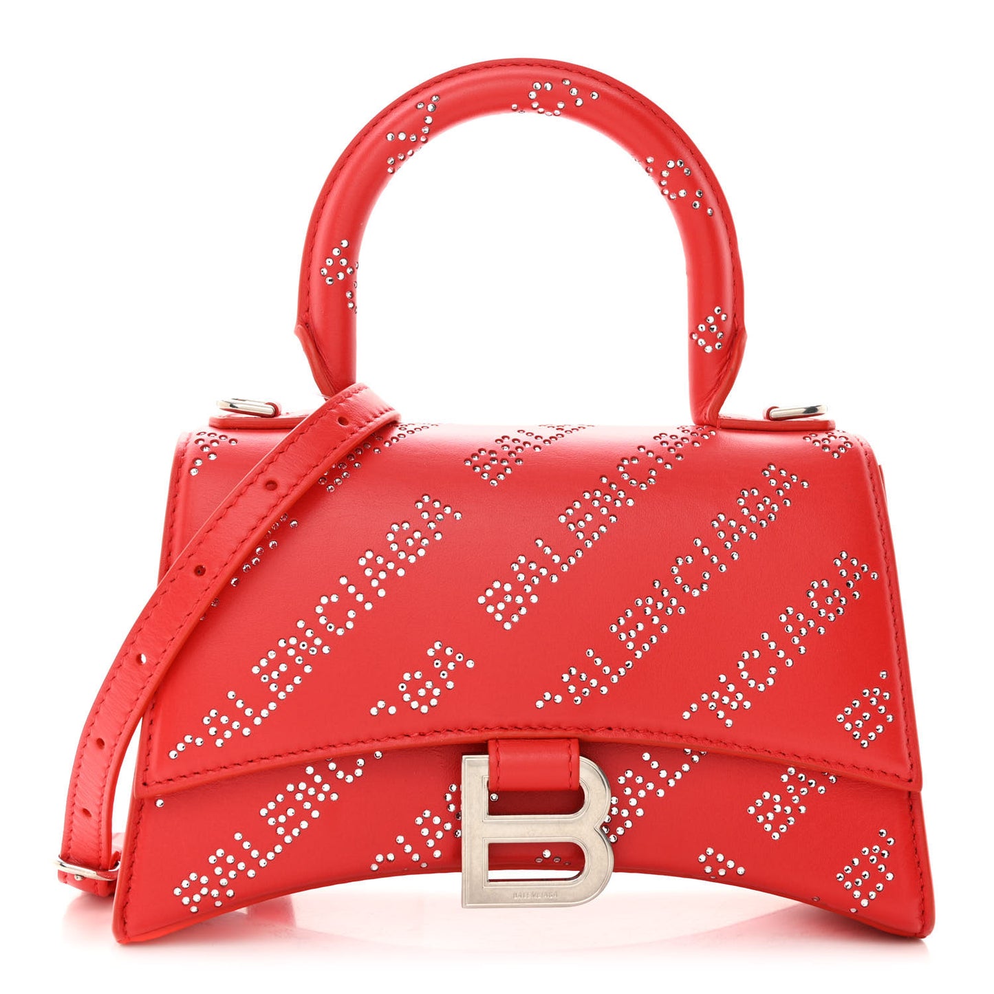 Smooth Calfskin Crystal Diagonal Allover Logo Hourglass Top Handle Bag XS Flame