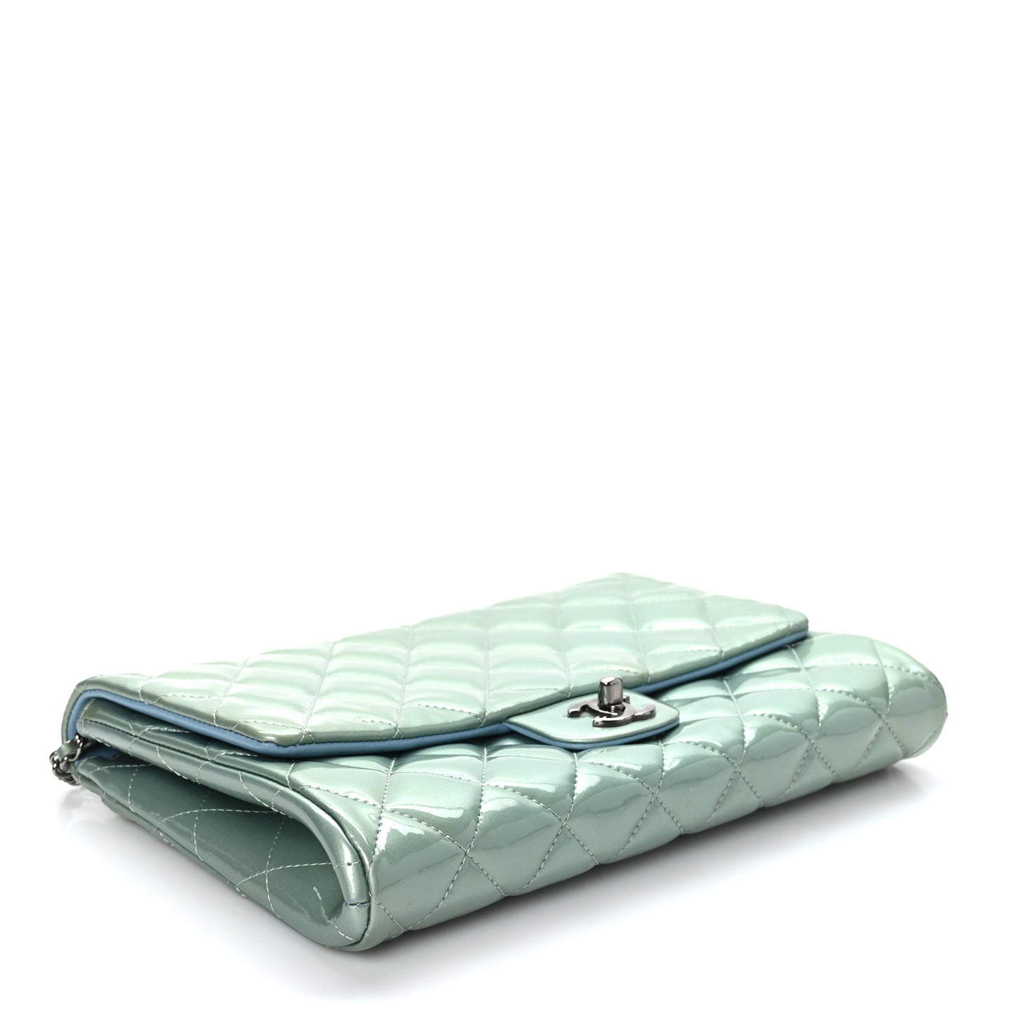 Patent Quilted Clutch with Chain Flap Blue
