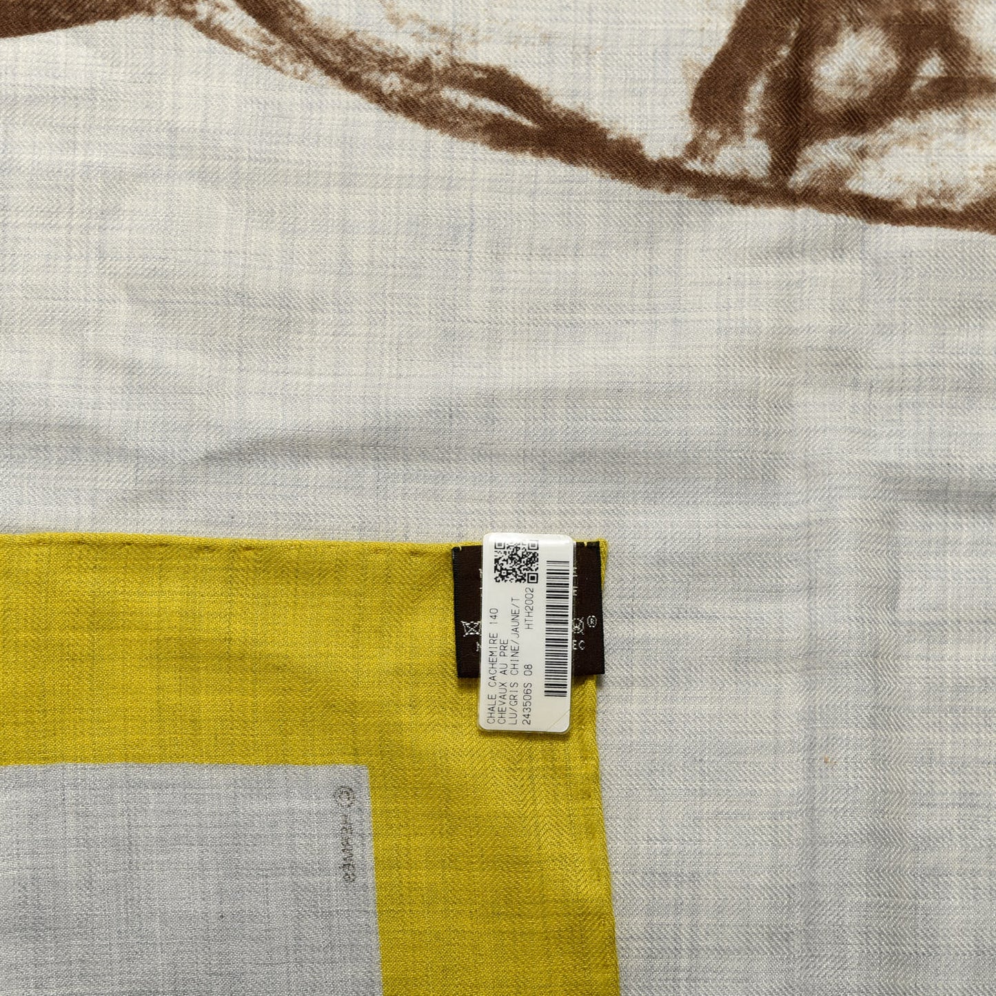 Cashmere Silk Chevaux Au Pre Shawl 140 Gris Chine Jaune Taupe