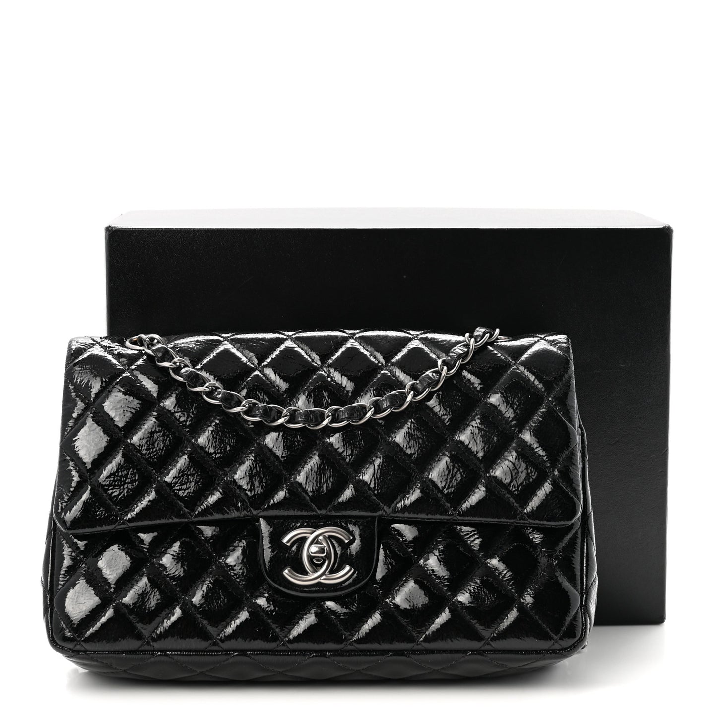 Crumpled Patent Quilted Medium Double Flap Black