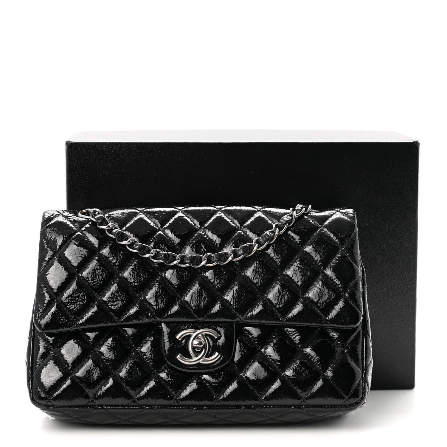 Chanel Crumpled Patent Quilted Medium Double Flap Black 11 of 11